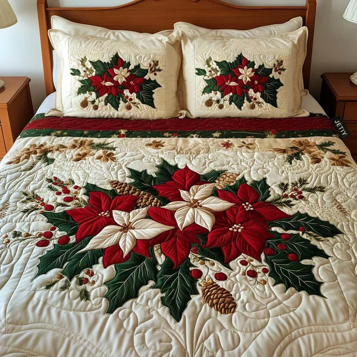 Juego de Cama Acolchado de 3 Piezas – Magia de la Flor de Pascua