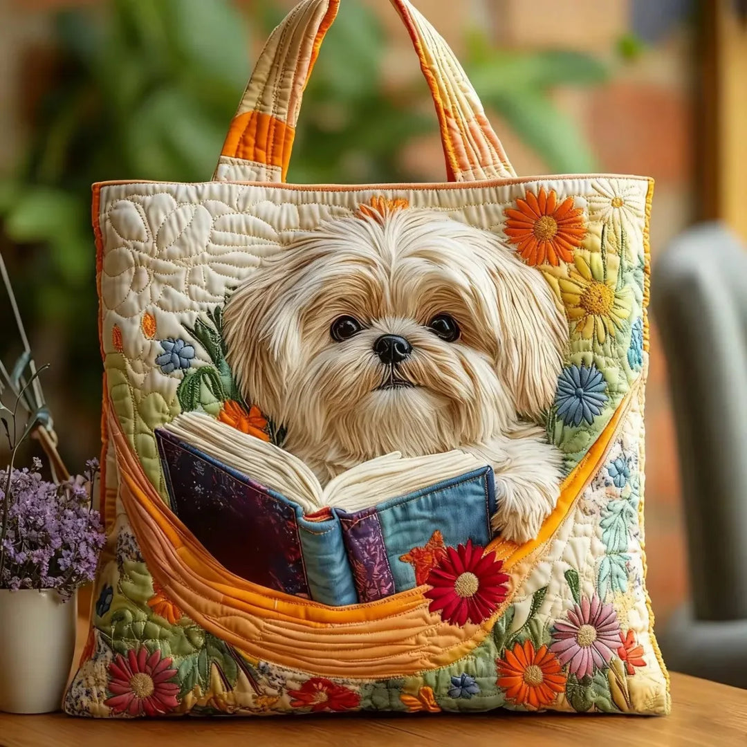 Bolso Hecho a Mano de Shih Tzu con Libro y Flores