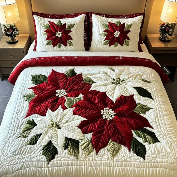 Juego de Cama Acolchado de 3 Piezas – Flores de Pascua de Invierno