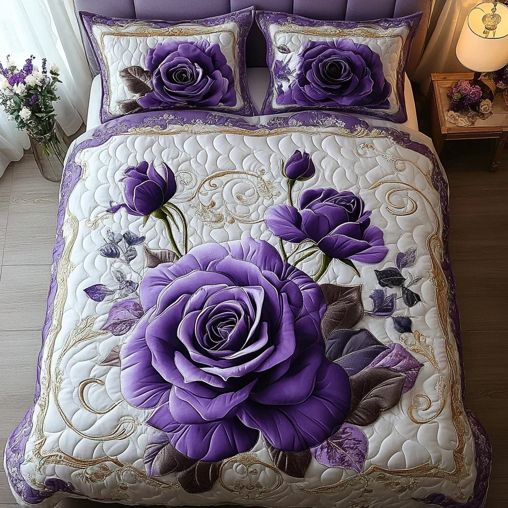 Juego de Cama Acolchado de 3 Piezas – Rosa y Lila