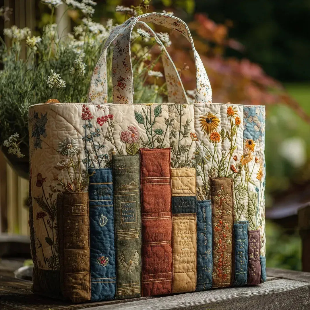 Bolso Acolchado Hecho a Mano: Libros y Flores
