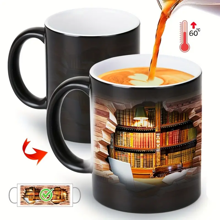 Taza de Cerámica con Estantería Mágica y Efecto de Temperatura