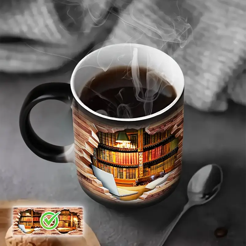 Taza de Cerámica con Estantería Mágica y Efecto de Temperatura