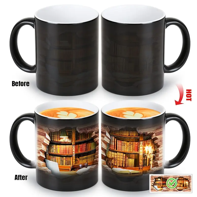 Taza de Cerámica con Estantería Mágica y Efecto de Temperatura