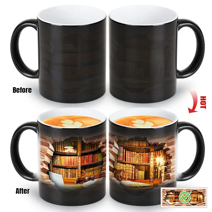 Taza de Cerámica con Estantería Mágica y Efecto de Temperatura