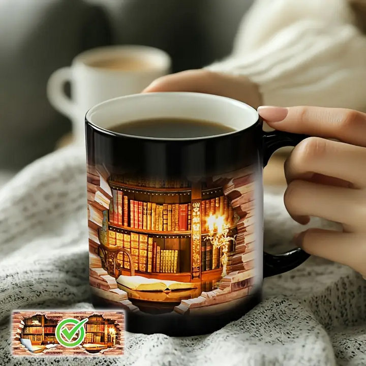 Taza de Cerámica con Estantería Mágica y Efecto de Temperatura