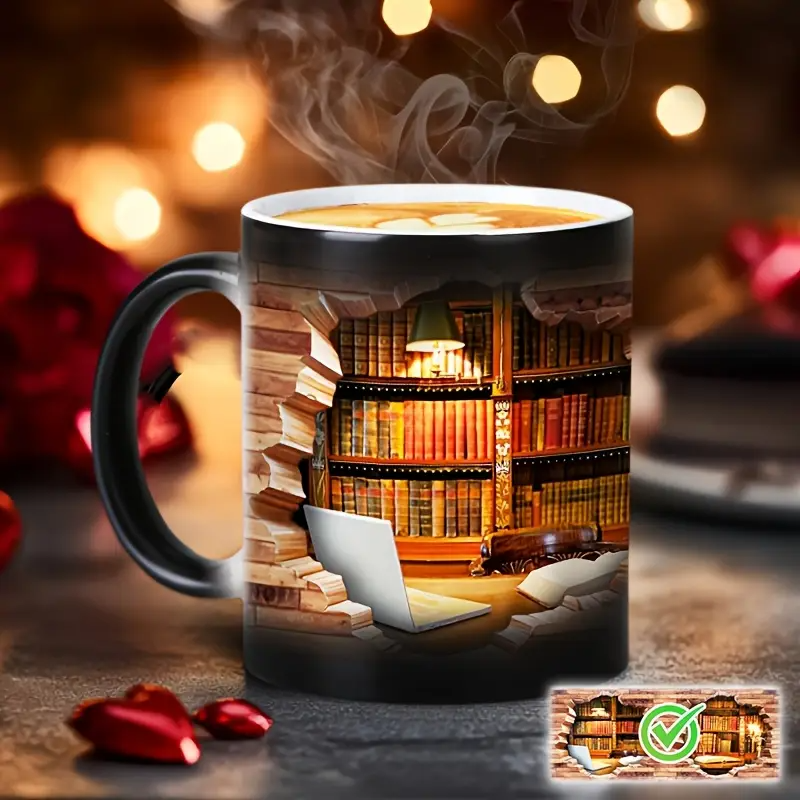 Taza de Cerámica con Estantería Mágica y Efecto de Temperatura