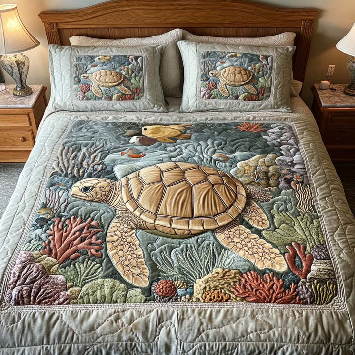 Juego de Cama Acolchado de 3 Piezas – Tortugas Marinas