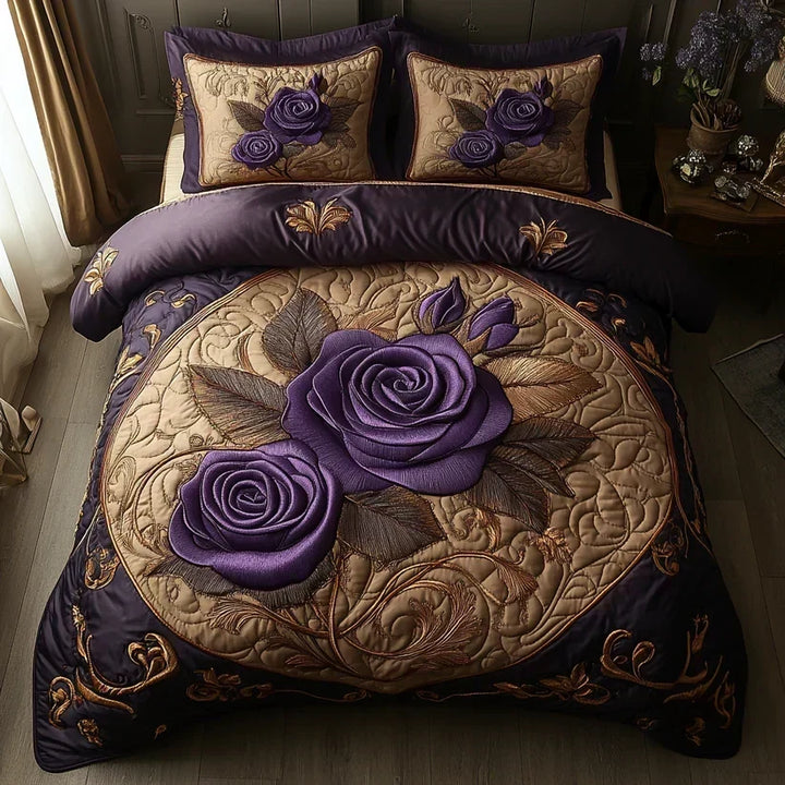 Juego de Cama Acolchado de 3 Piezas – Rosa y Lila