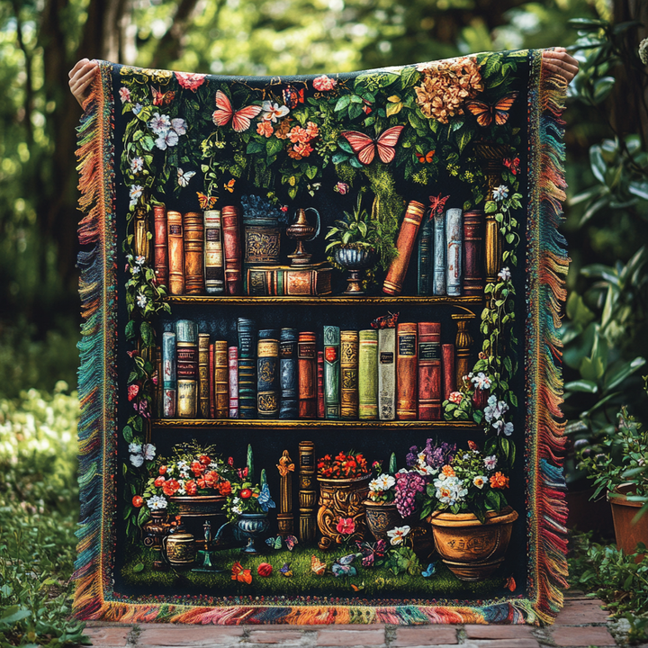 Manta Tejida – Estantería de Libros con Flores NCU0DV3874