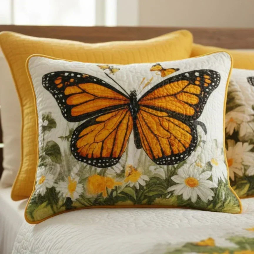 Funda de Cojín Acolchada - Pradera de Mariposas Monarca