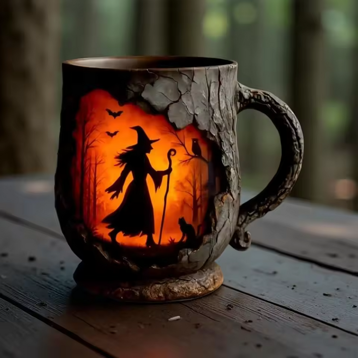 Taza 3D Hecha a Mano de Halloween – con Diseño de Brujas y Gatos