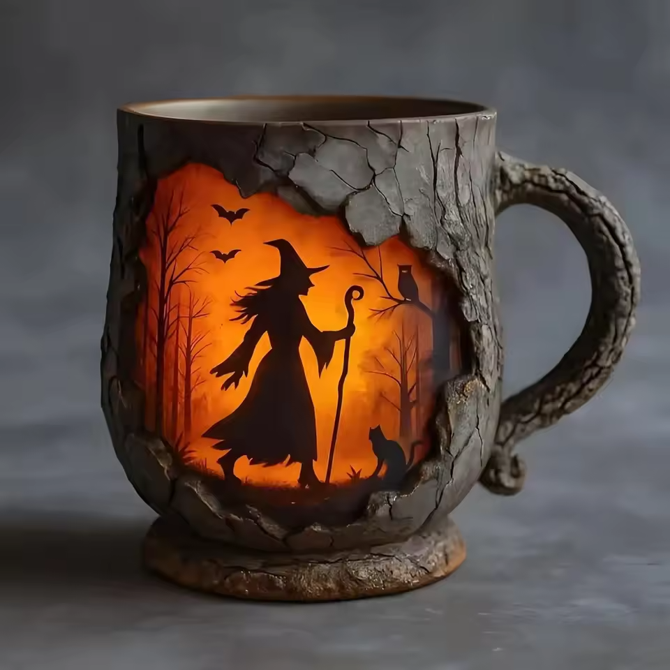 Taza 3D Hecha a Mano de Halloween – con Diseño de Brujas y Gatos