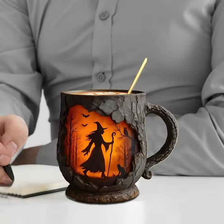 Taza 3D Hecha a Mano de Halloween – con Diseño de Brujas y Gatos