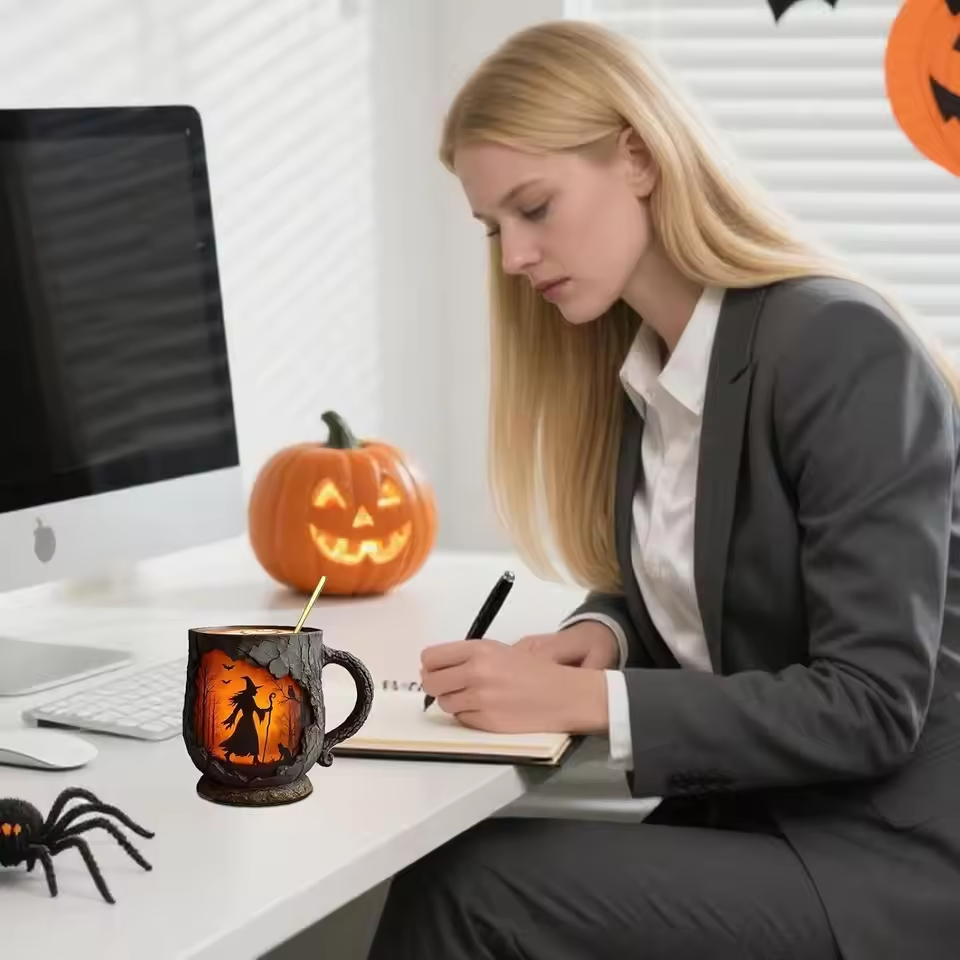 Taza 3D Hecha a Mano de Halloween – con Diseño de Brujas y Gatos