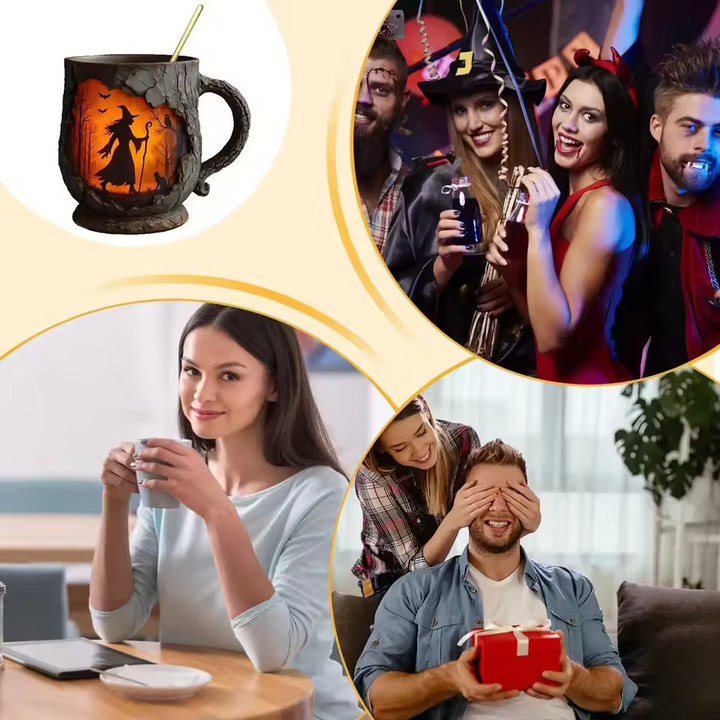 Taza 3D Hecha a Mano de Halloween – con Diseño de Brujas y Gatos