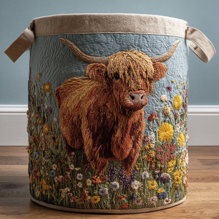 Cesta de Ropa Acolchada – con Vaca Highland y Flores NCU0HNH495