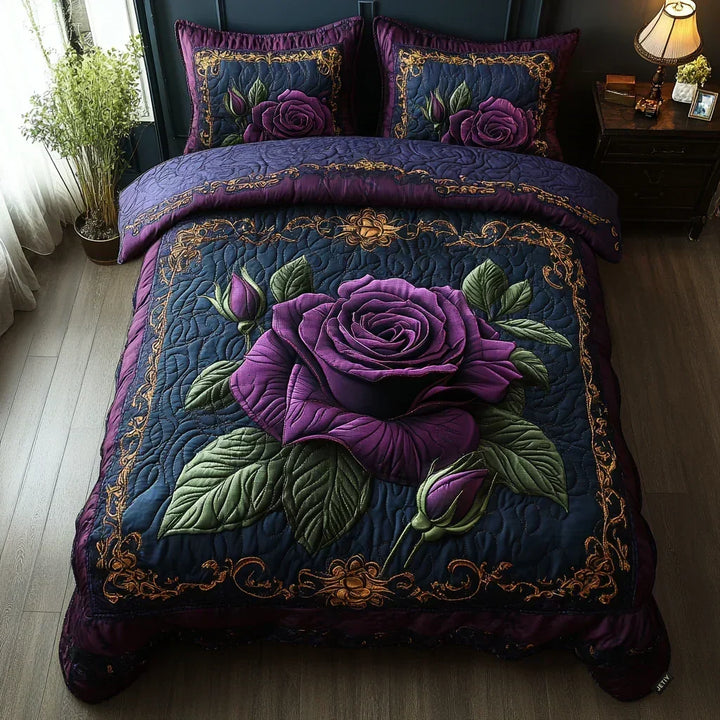 Juego de Cama Acolchado de 3 Piezas – Rosa y Lila