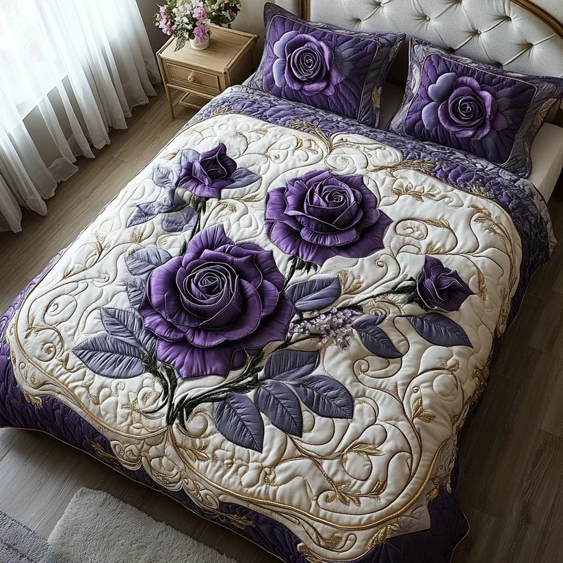 Juego de Cama Acolchado de 3 Piezas – Rosa y Lila