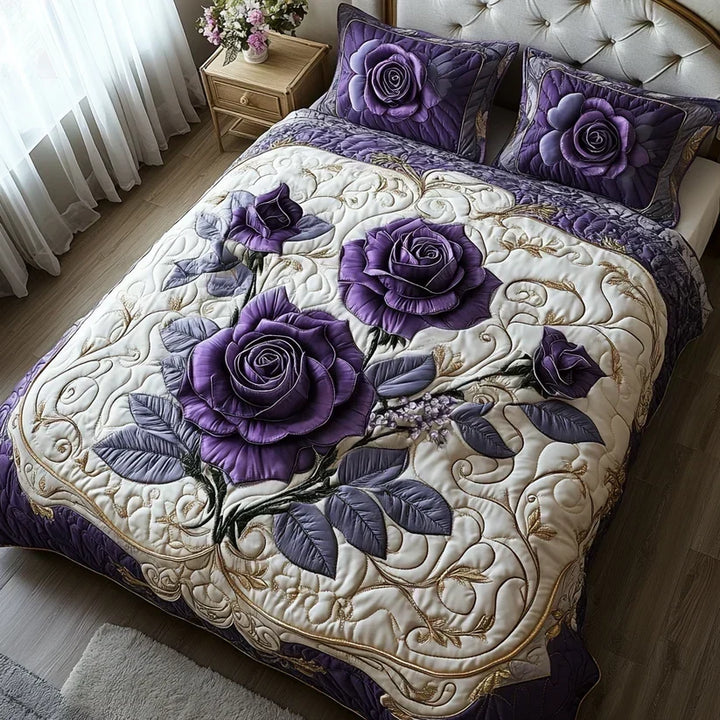 Juego de Cama Acolchado de 3 Piezas – Rosa y Lila