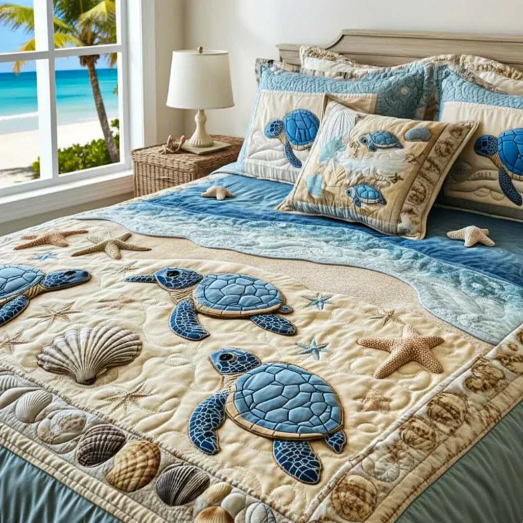 Juego de Cama Acolchado de 3 Piezas – Olas del Océano