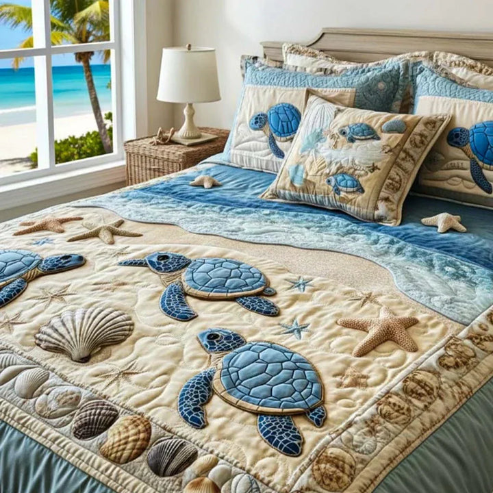 Juego de Cama Acolchado de 3 Piezas – Olas del Océano