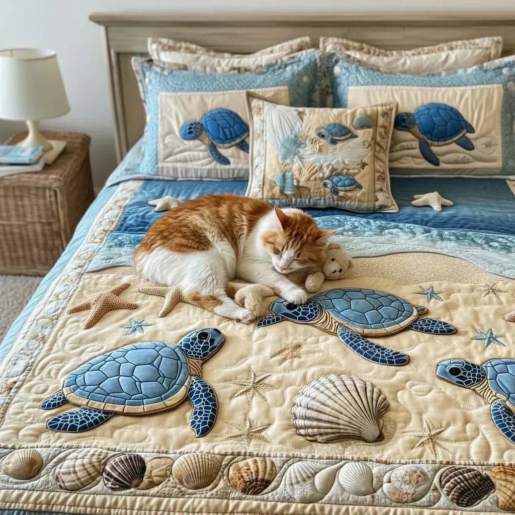 Juego de Cama Acolchado de 3 Piezas – Olas del Océano