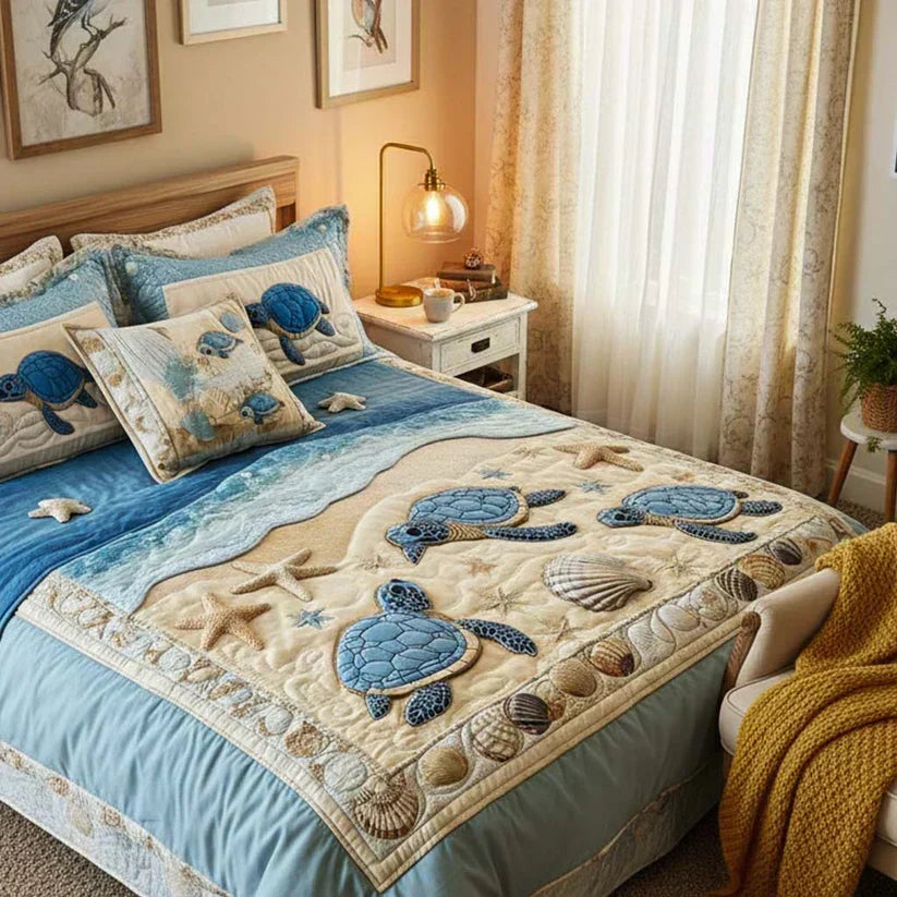 Juego de Cama Acolchado de 3 Piezas – Olas del Océano