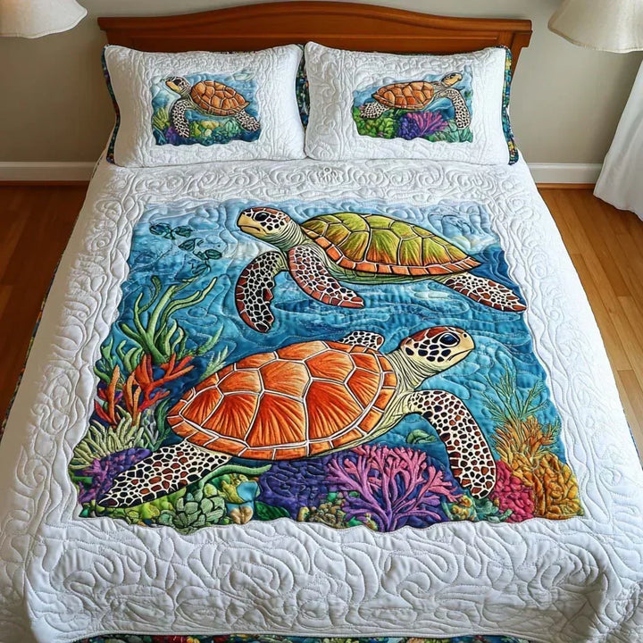 Juego de Cama Acolchado de 3 Piezas – Tortugas Marinas