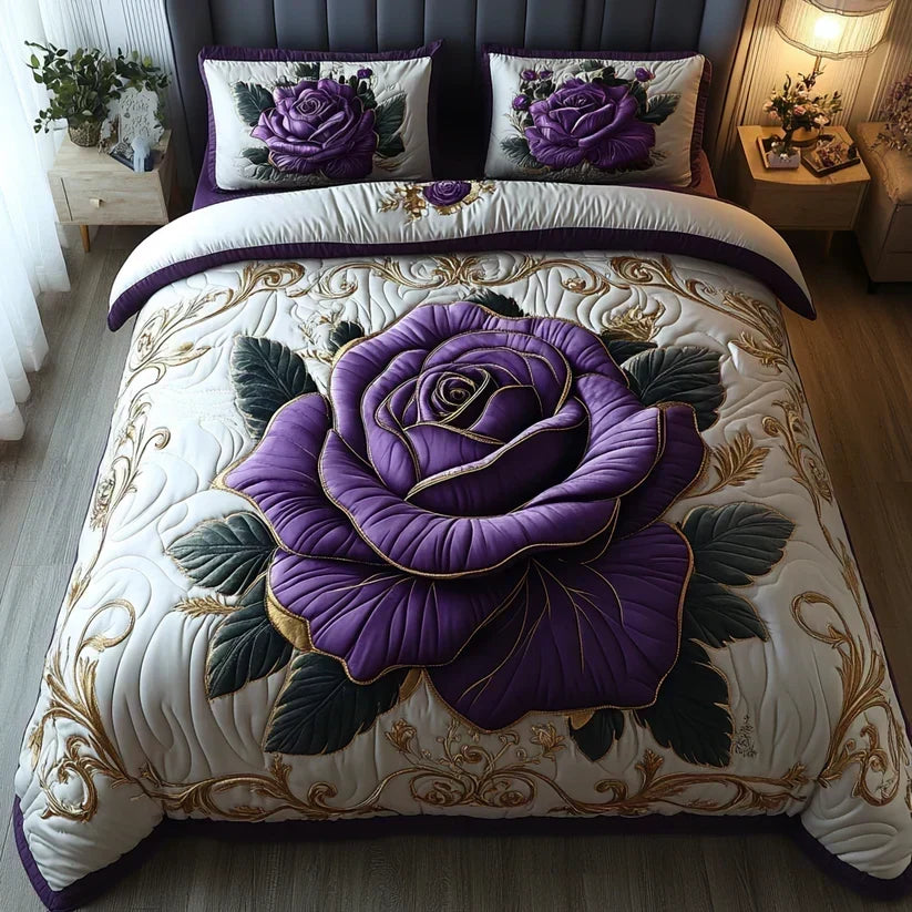 Juego de Cama Acolchado de 3 Piezas – Rosa y Lila