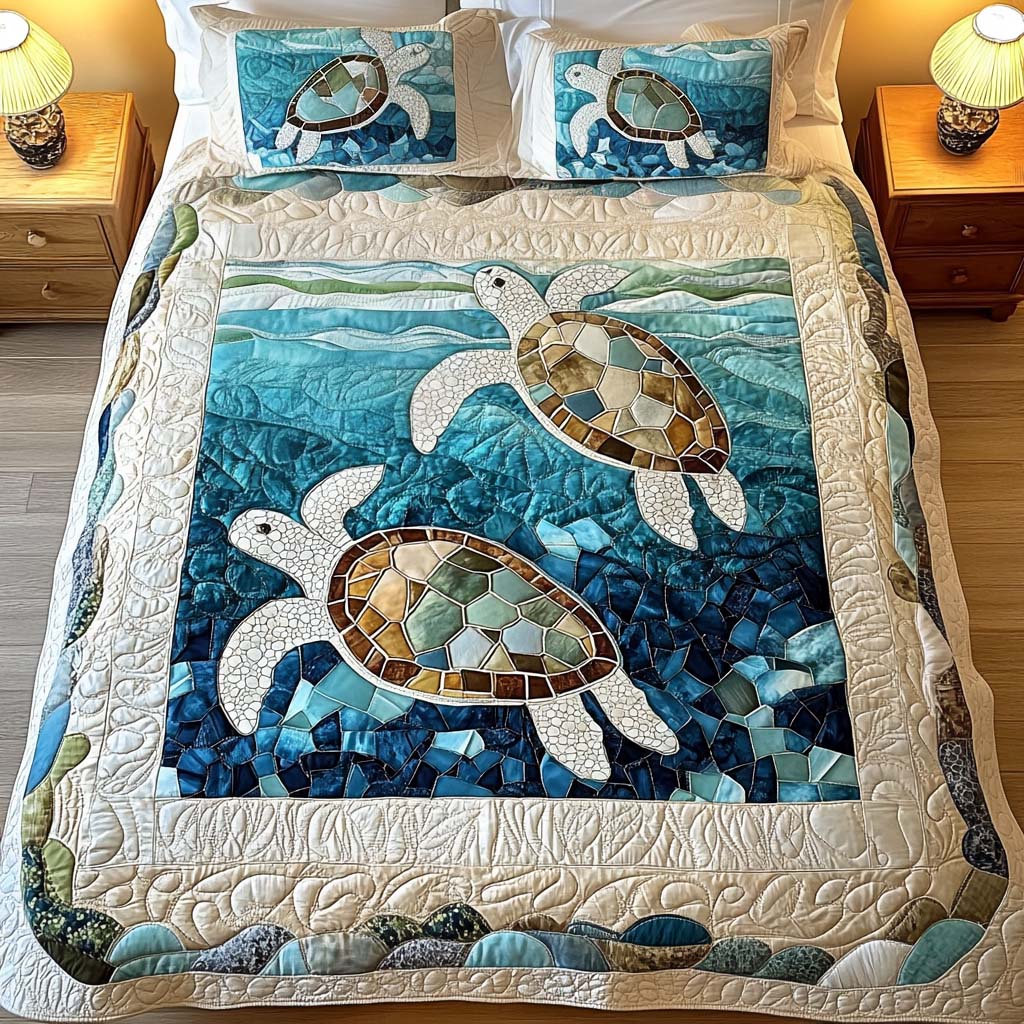 Juego de Cama Acolchado de 3 Piezas – Tortugas Marinas