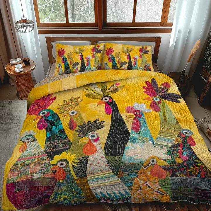 Juego de Cama Acolchado de 3 Piezas – Gallos al Amanecer