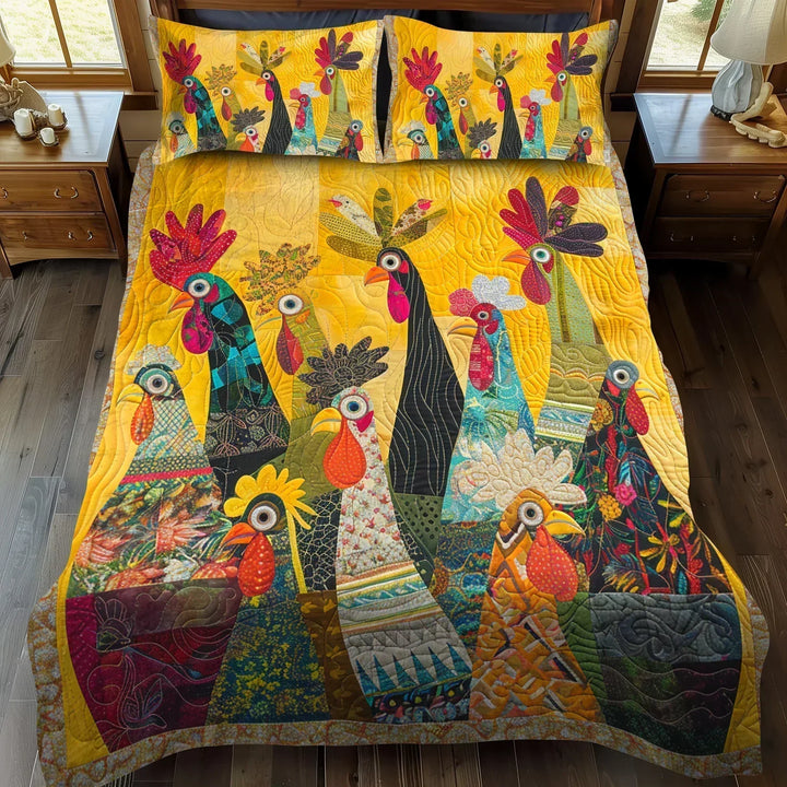 Juego de Cama Acolchado de 3 Piezas – Gallos al Amanecer