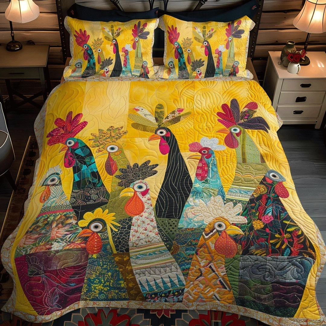 Juego de Cama Acolchado de 3 Piezas – Gallos al Amanecer