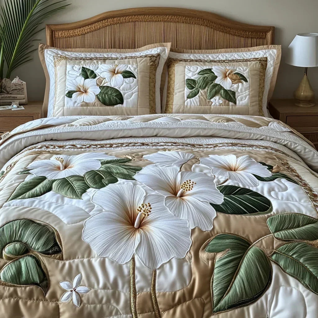 Juego de Cama Acolchado de 3 Piezas – Hibisco Blanco