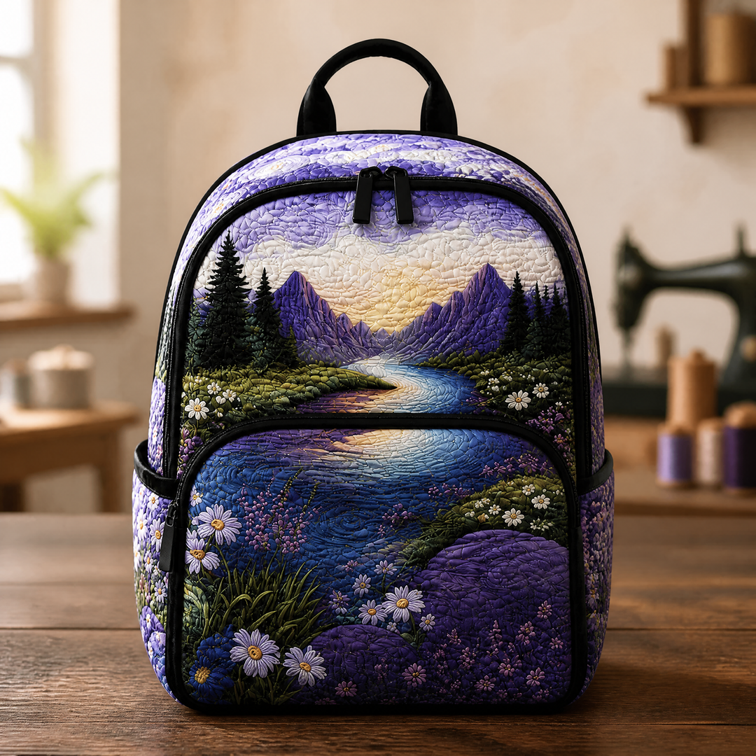 Mochila Acolchada Lila con Flores y Montañas