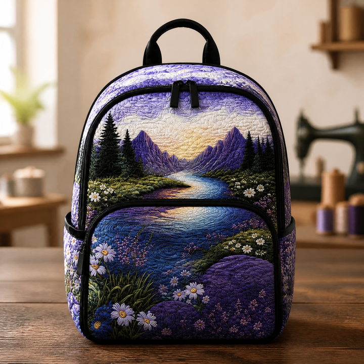 Mochila Acolchada Lila con Flores y Montañas